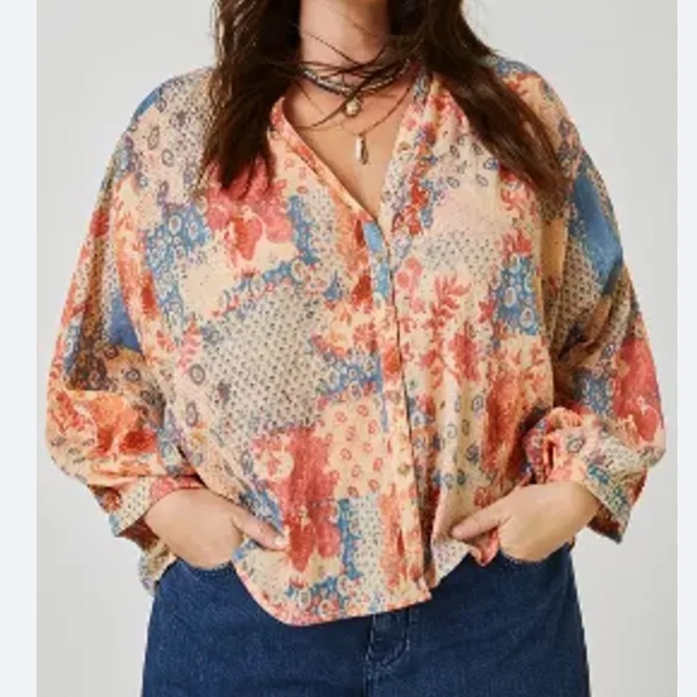 Anthropologie Pilcro Oversized Floral Patchwork Dolman Sleeve Button Up